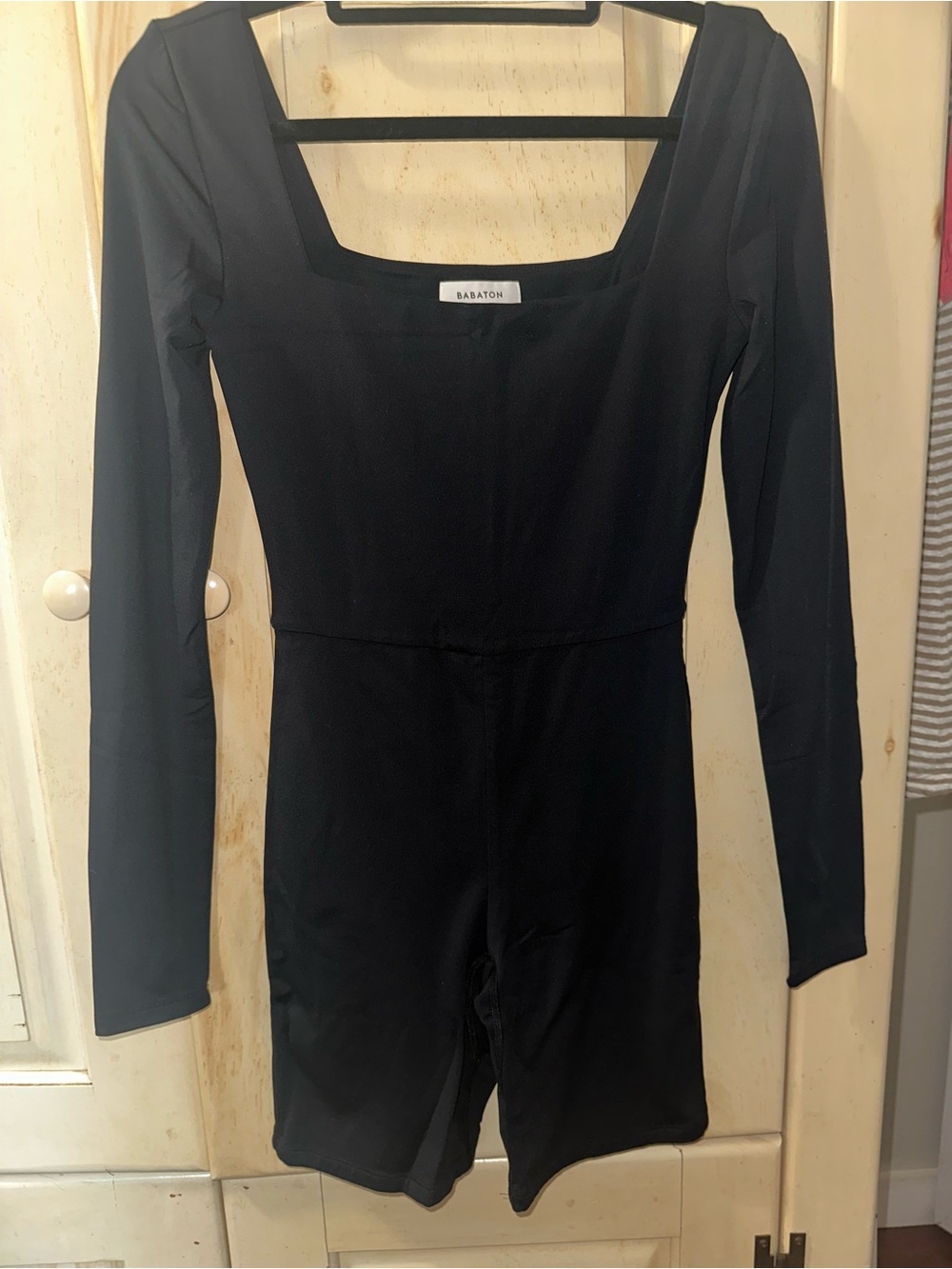 Babaton Aritzia Womens S Black Long Sleeve Square Neck Romper Contour Bodysuit